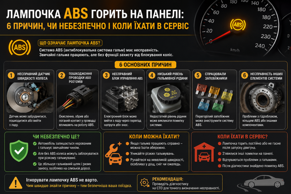 Інфографіка про причини загоряння лампочки ABS на панелі приладів, небезпеку та рекомендації щодо ремонту