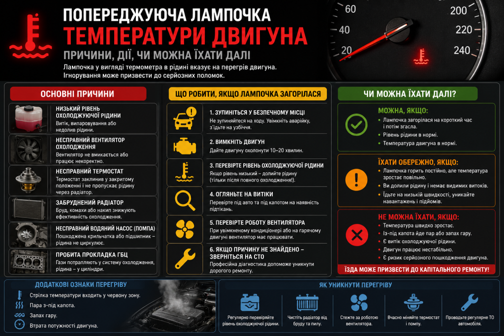 Інфографіка про причини загоряння лампочки перегріву двигуна, що робити та коли можна продовжувати рух